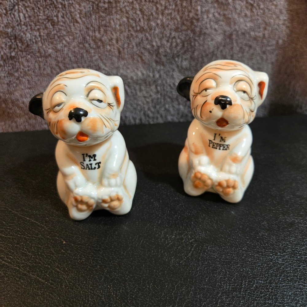 Vintage Bulldog Salt and Pepper Shakers Set Ceramic Dog Figurines Japan Kitsch
